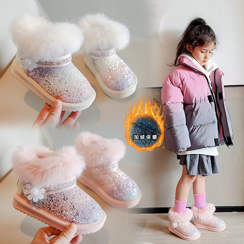 Bottes de neige chaudes à paillettes pour filles, chaussures de rinçage pour enfants, bottes d'hiver en velours pour bébé, chaussures en coton pour enfants