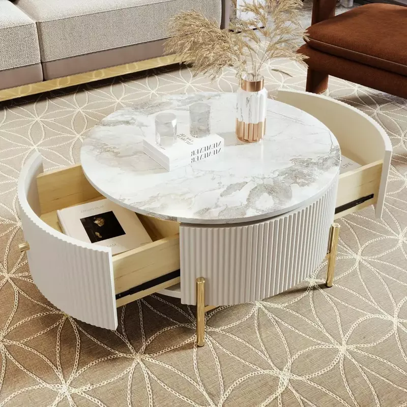 Couch tisch mit Schubladen runde Trommel mit goldenen Beinen runde Mittel tische mit Marmor muster platte, Couch tisch
