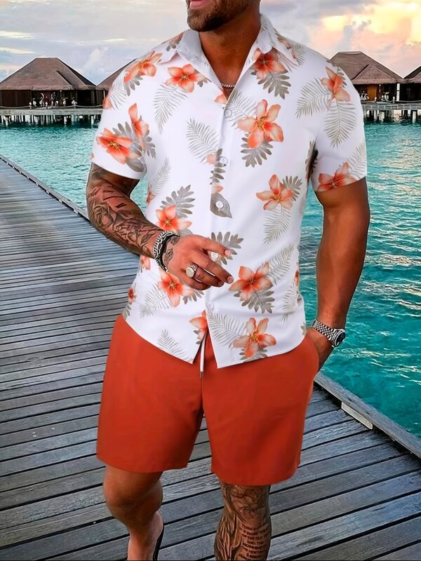 Camiseta e shorts masculinos de manga curta com botão, camisa polo casual estilo praia, roupa esportiva, 2 peças