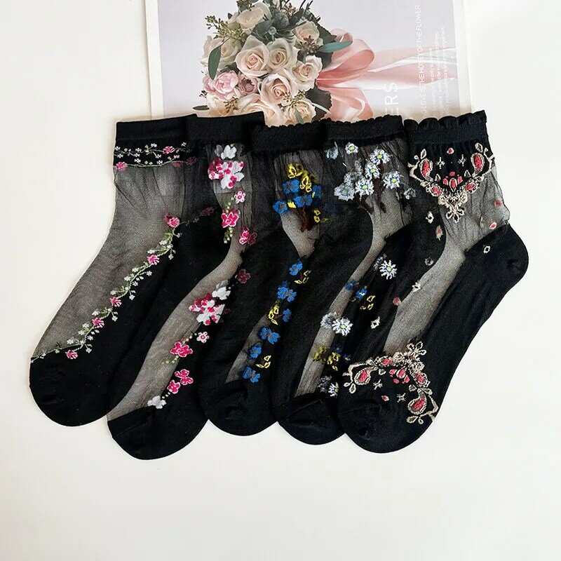 10 Paar Sommer ultra dünne Socken Frauen transparente Spitze kurze dünne Glas atmungsaktive bequeme Kristall blume bestickte Socken