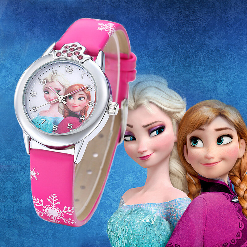 Disney นาฬิกาเด็ก frozen สายหนังเด็กผู้หญิงนาฬิกาเด็กลาย Pirncess Elsa นาฬิกาควอตซ์สำหรับนักเรียน reloj