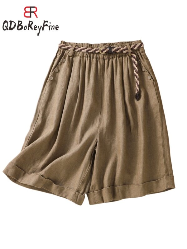 New Summer Women Shorts Cotton Linen Casual High Waist Baggy Shorts with Belt Korean Bloomers Black Oversize Female Short Pants