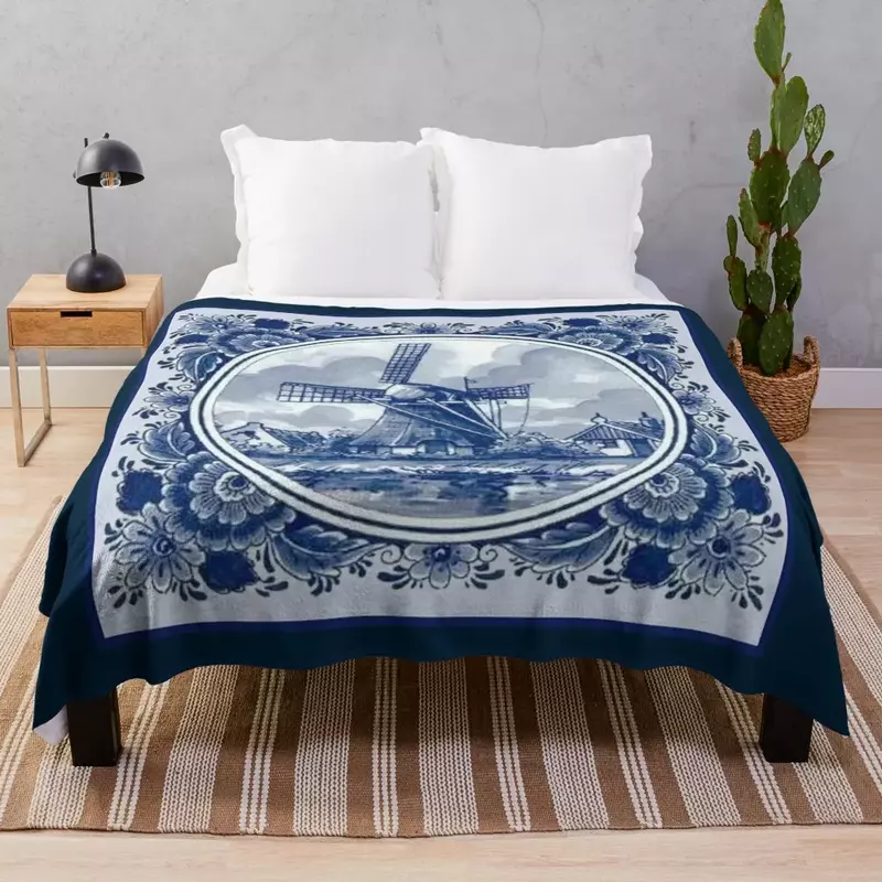 DUTCH BLUE DELFT : Vintage Windmills and Trees in Amsterdam Print Throw Blanket Soft Beds Flannels Luxury Brand Blankets