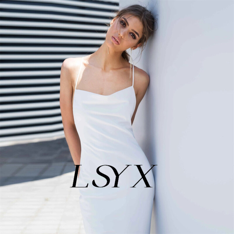 LSYX-Robe de Mariée Sirène Blanche en Crêpe pour Femme, Vêtement Sexy à Col en V, Simple, avec Lacets au Dos, Longueur au Sol, sur Mesure
