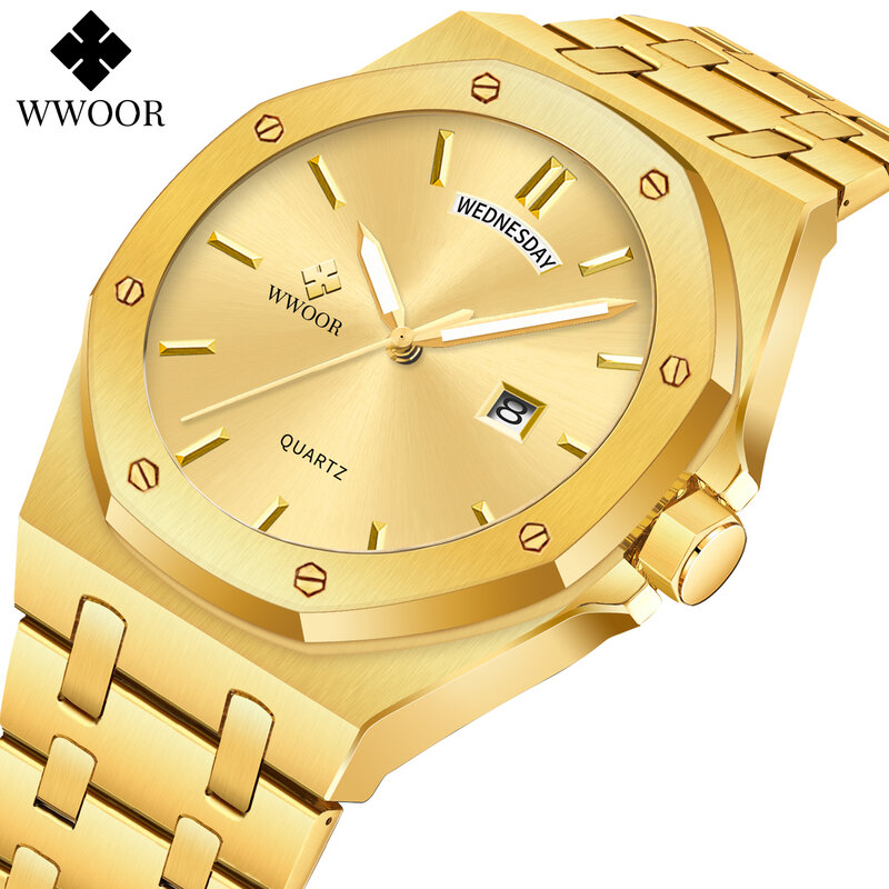 Luksusowa duża marka WWOOR zegarki męskie wodoodporny świecący zegarek ze stali nierdzewnej dla mężczyzn z kalendarzem tygodniowym Relogio Masculino