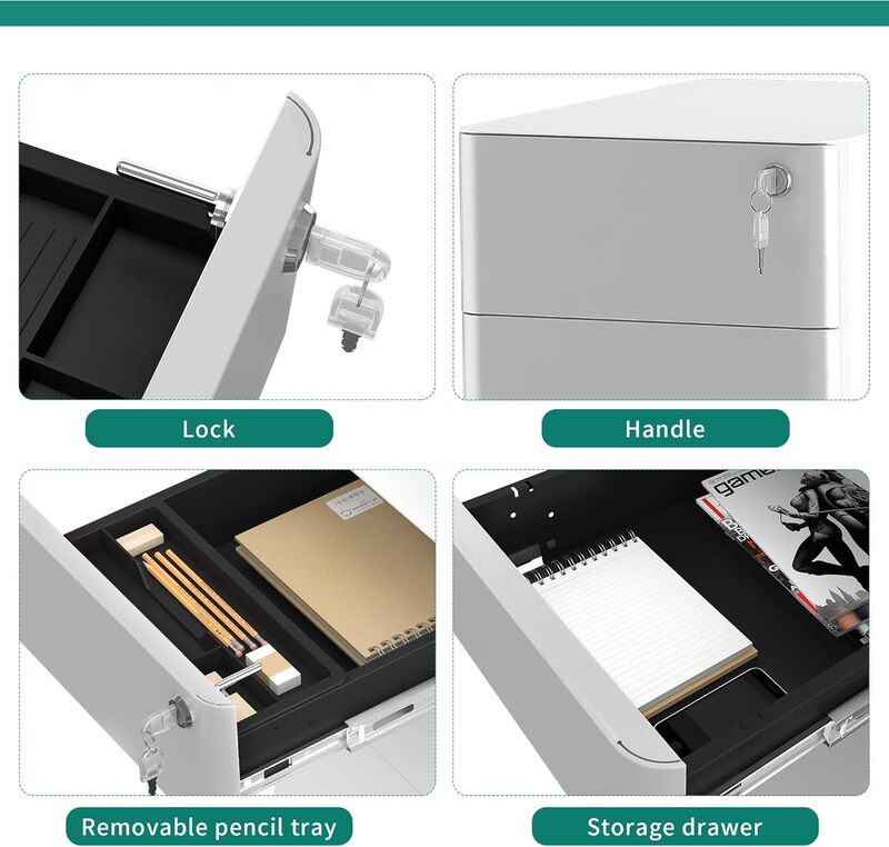 YITAHOME 3-Laci kabinet arsip logam laci kantor dengan kunci, lemari File portabel ramping kompak, Penyimpanan kantor bawaan