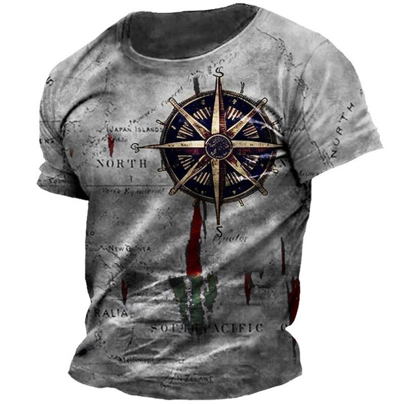Men's Vintage Nautical Map Compass Print T-Shirt Summer Daily Loose Short Sleeve Male Tops Casual Tees Unisex Clothing Apparel