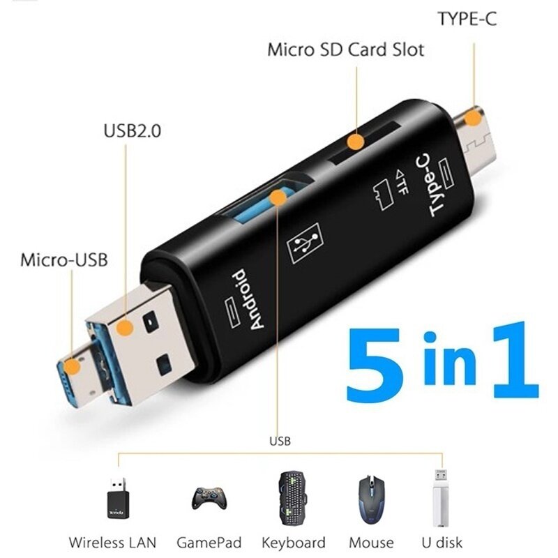 Multifunções Memory Card Reader, OTG Card Reader, Adaptador, Acessórios do telefone móvel, USB 2.0, Tipo C, Micro, TF, SD, 5 em 1