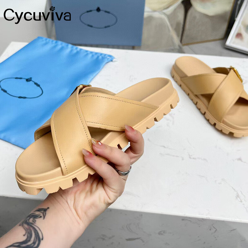 Platform merek musim panas sandal datar kulit asli hitam sandal wanita liburan sepatu pantai wanita sandal jepit desainer Sandalias Mujer