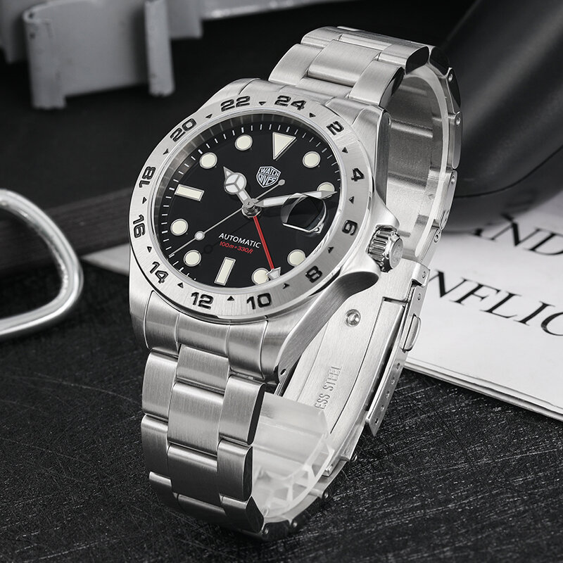 Jam tangan mekanik WD16570, arloji mekanik NH34 gerakan GMT kristal safir tahan air 100m, jam tangan baja tahan karat