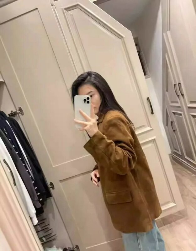 Women's Autumn/winter British Style Short Suede Blazer Coat Retro Casual Distressed Solid Color Loose Fitting Suit Collar Jacket
