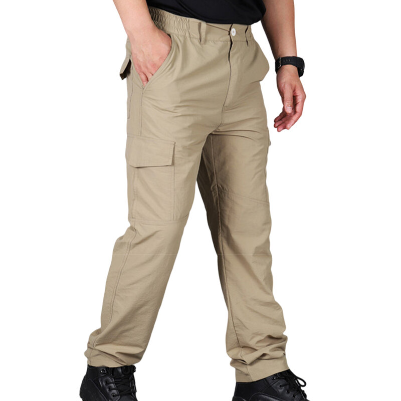 กางเกงคาร์โก้ผู้ชายแบบมีหลายกระเป๋าแห้งเร็วชุดกางเกงไซส์ใหญ่น้ำหนักเบาชุดหมีสีกากี M