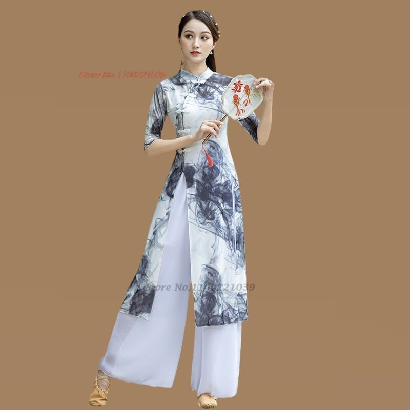 2024 chinese vintage dance costume flower print qipao tops+pants set oriental folk dance practice stage performance dance qipao