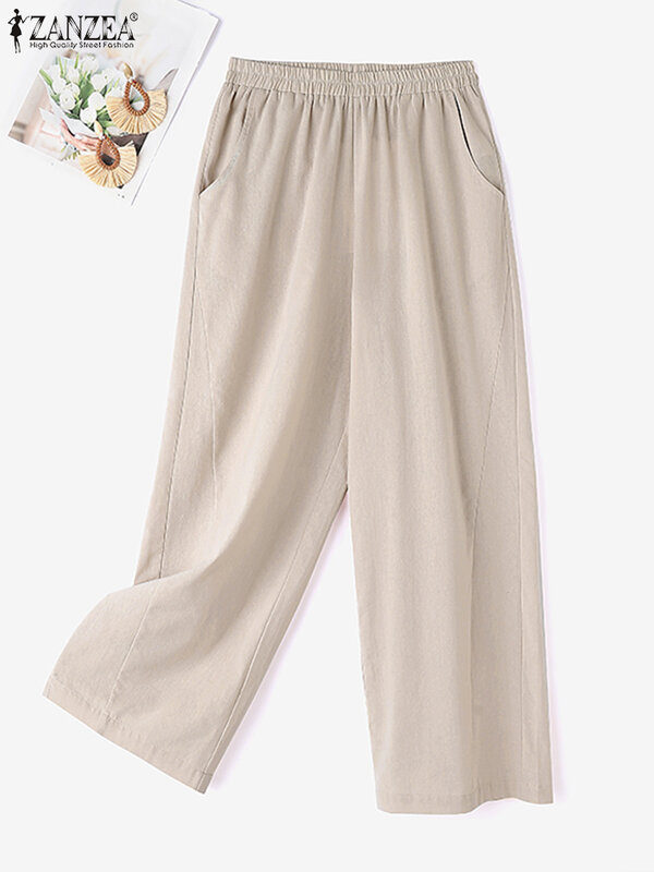 Zanzea กางเกงเอวยางยืดโอเวอร์ไซส์สำหรับผู้หญิง, กางเกงกางเกงผู้ชายขาสามส่วนสีพื้นฝ้ายลินินกางเกงหลวมระบายอากาศลำลอง