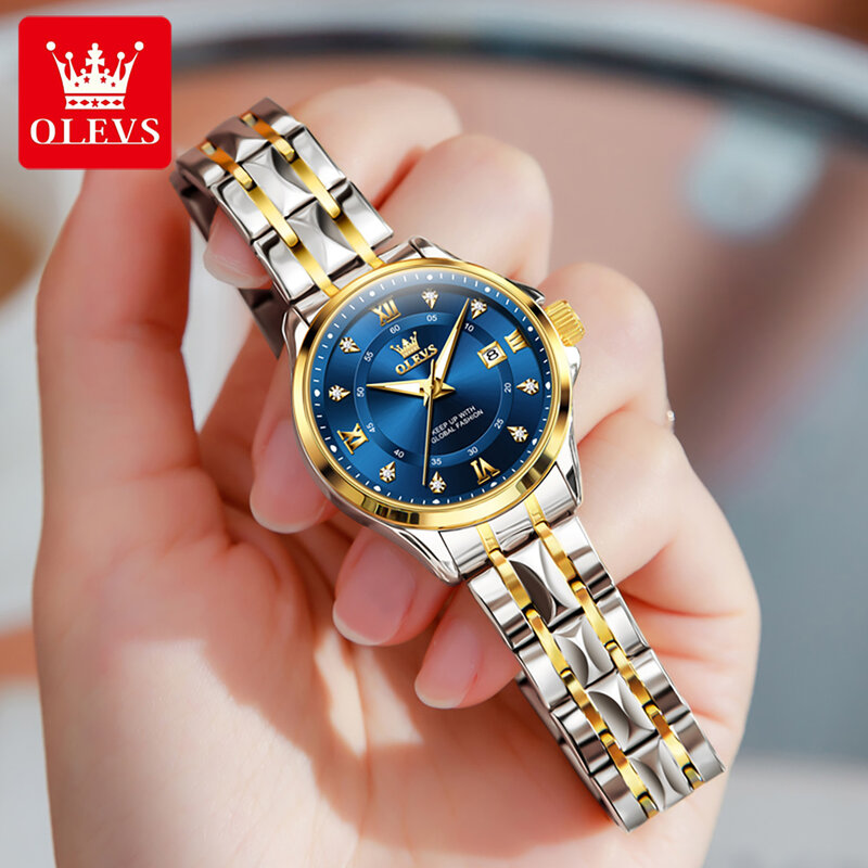 OLEVS jam tangan pasangan tahan air, jam tangan kuarsa bercahaya merek mewah dengan tanggal pria dan wanita romantis