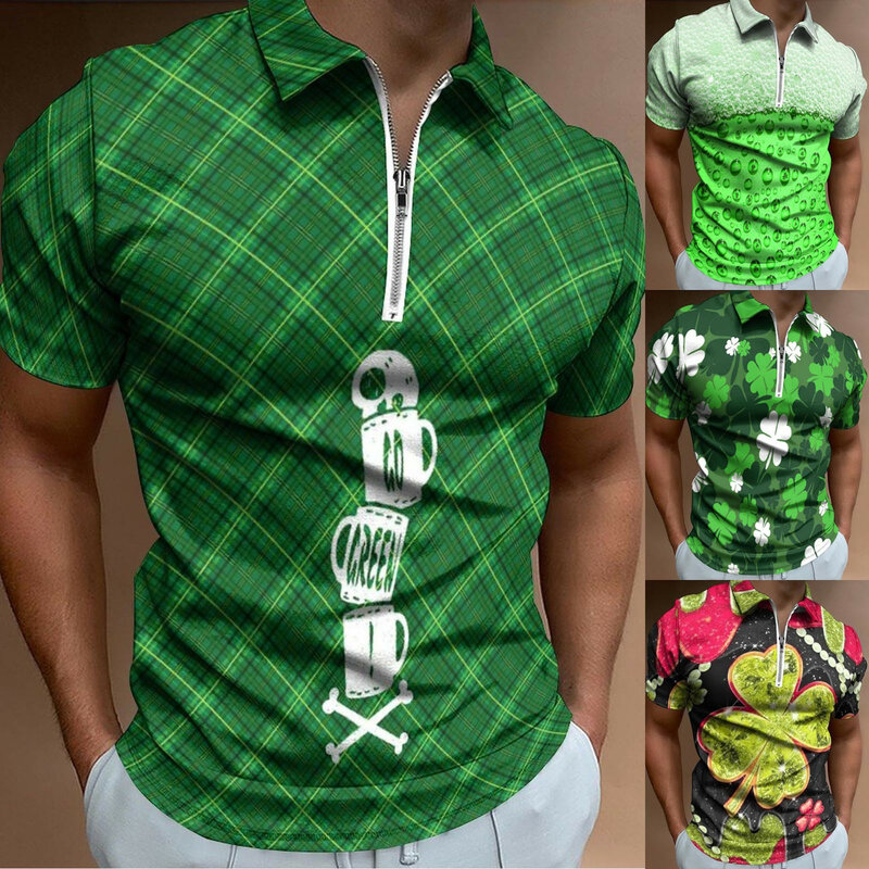 Camisas leves do dia St Patrick masculinas, impressão digital 3D, zíper lapela curto, moletom de comprimento pequeno, moda casual
