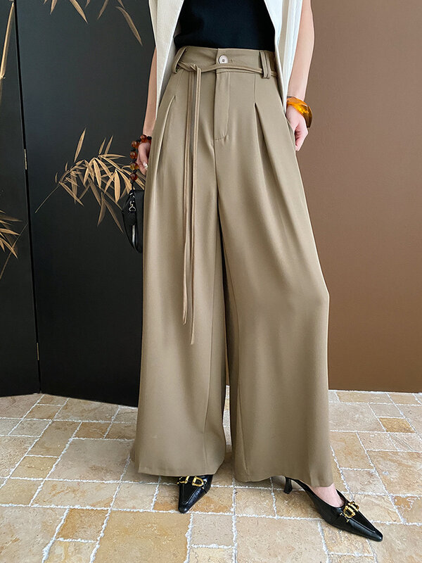 BZVW-Pantalones plisados de pierna ancha para mujer, traje de cintura alta con diseño de cordón, ropa nueva para oficina, Primavera, 2024, 26D8962