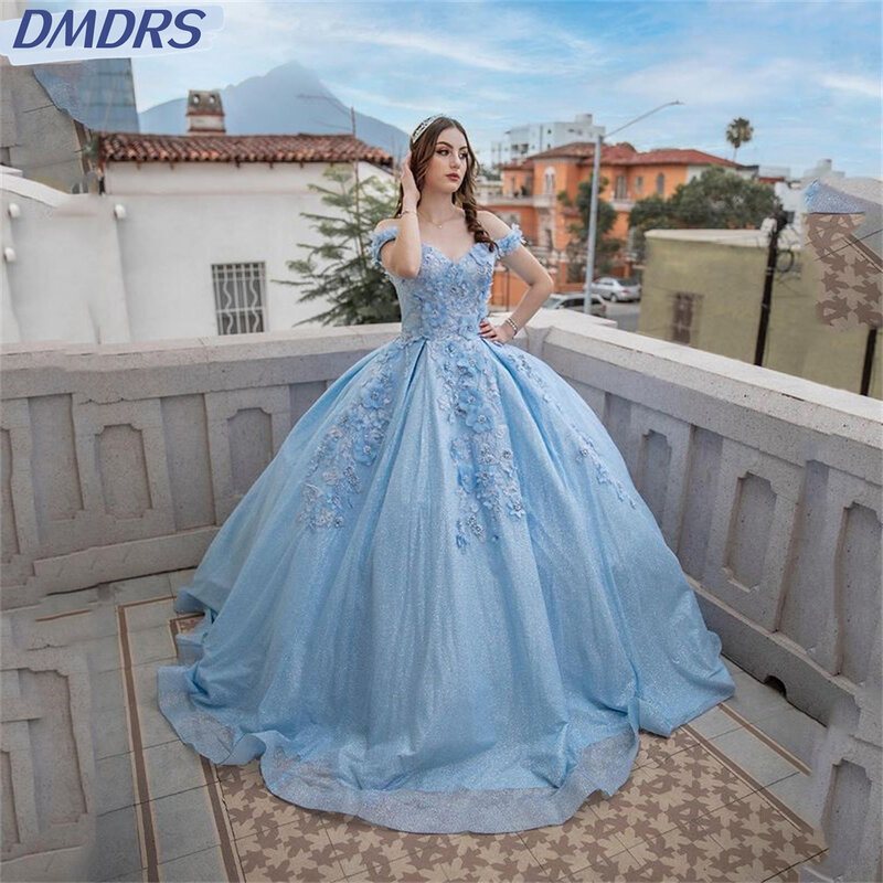 Shiny Sweetheart gaun Quinceanera gaun pesta gaun biru langit putri renda applique manik-manik kristal dari bahu untuk 16 tahun