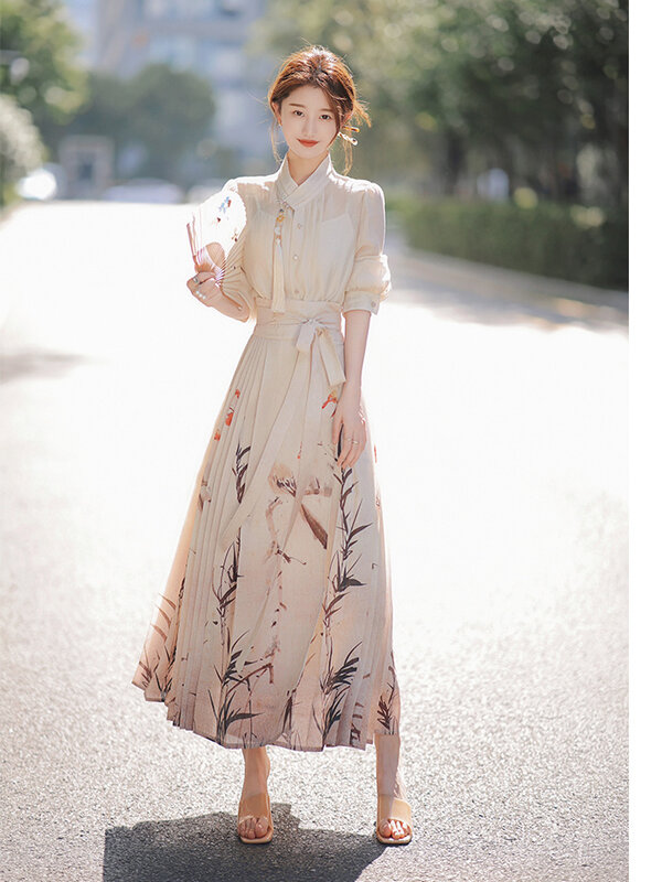 Conjunto de saia de retalhos hanfu para mulheres, vestido tradicional chinês melhorado, elegante qipao, doce retrô artístico