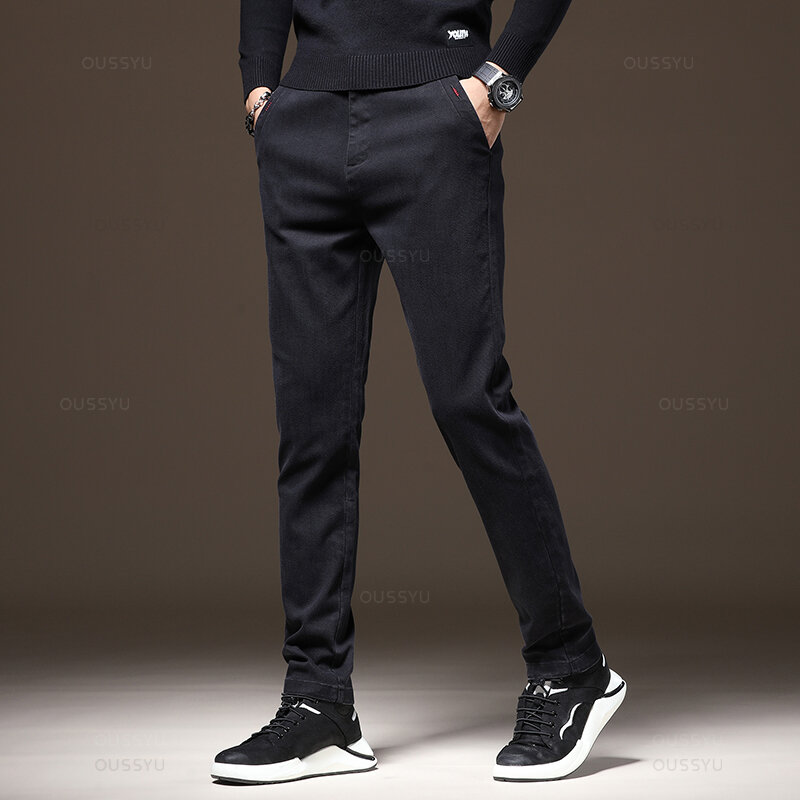 MINGYU-Calças clássicas de trabalho stretch para homens, algodão, slim fit, cinza, verde, grossa, casual masculina, marca coreana, outono, inverno, novas