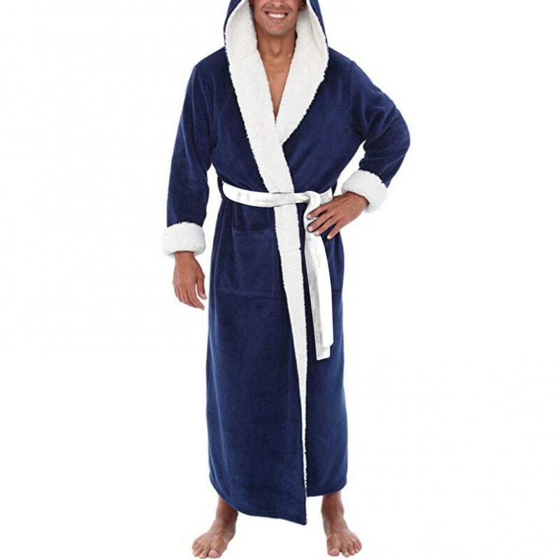 남성용 소프트 포켓 코랄 플리스 컬러 블록 긴 목욕 가운, 홈 가운 잠옷