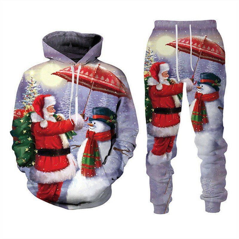 Setelan celana sweater natal musim gugur dan musim dingin gaya Eropa dan Amerika Serikat setelan bertudung gambar 3D Santa Claus