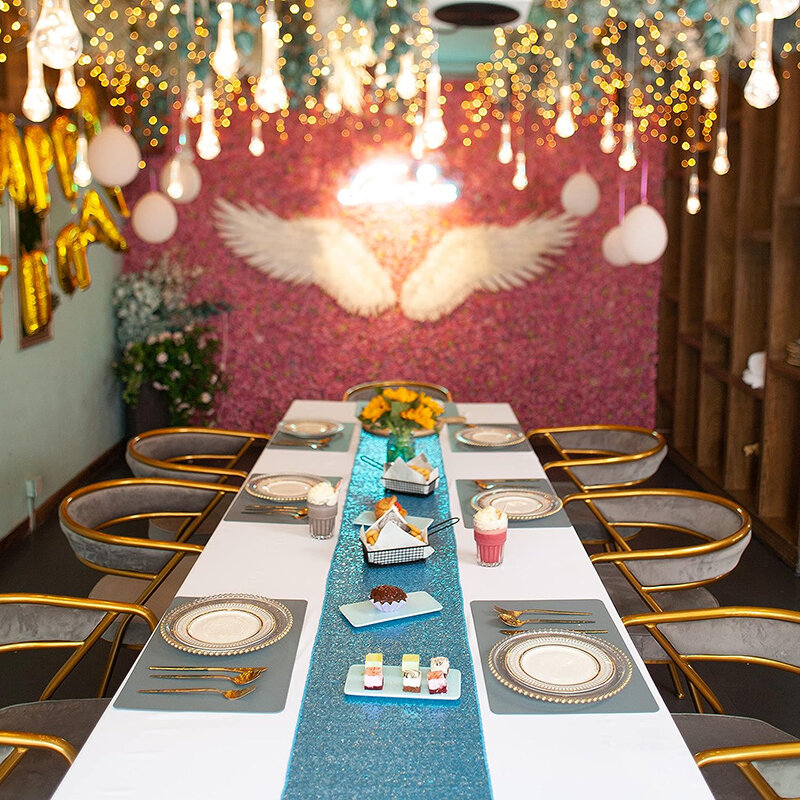 Taplak meja payet biru untuk dekorasi pernikahan, perlengkapan acara Thanksgiving Halloween pesta ulang tahun Natal, dekorasi pernikahan