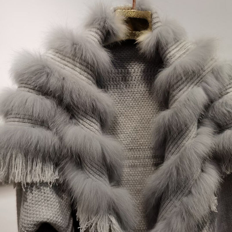 Women Plus Size Real Fox Fur Knitted Coat Female Long Sleeve Winter Fashion Genuine Long Cardigan Outwear Genuine Fur