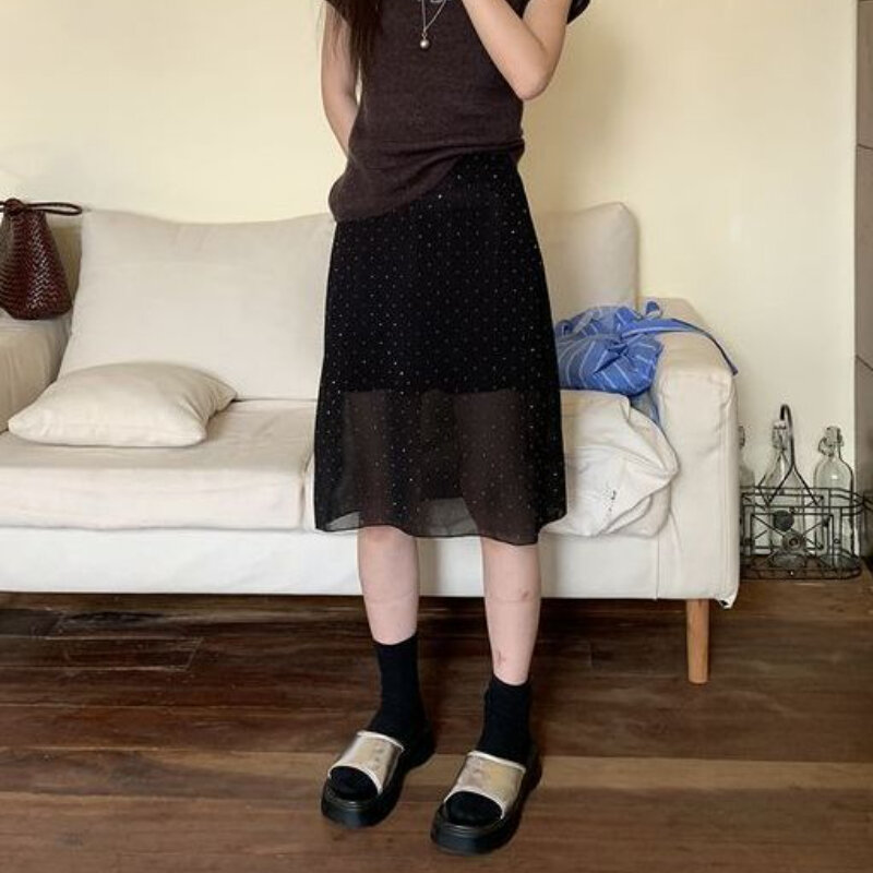 Deeptown-faldas Vintage de tul de estilo coreano, faldas de malla negra Sexy, falda media de lunares Y2K, de línea a ropa de calle, falda transparente informal de moda