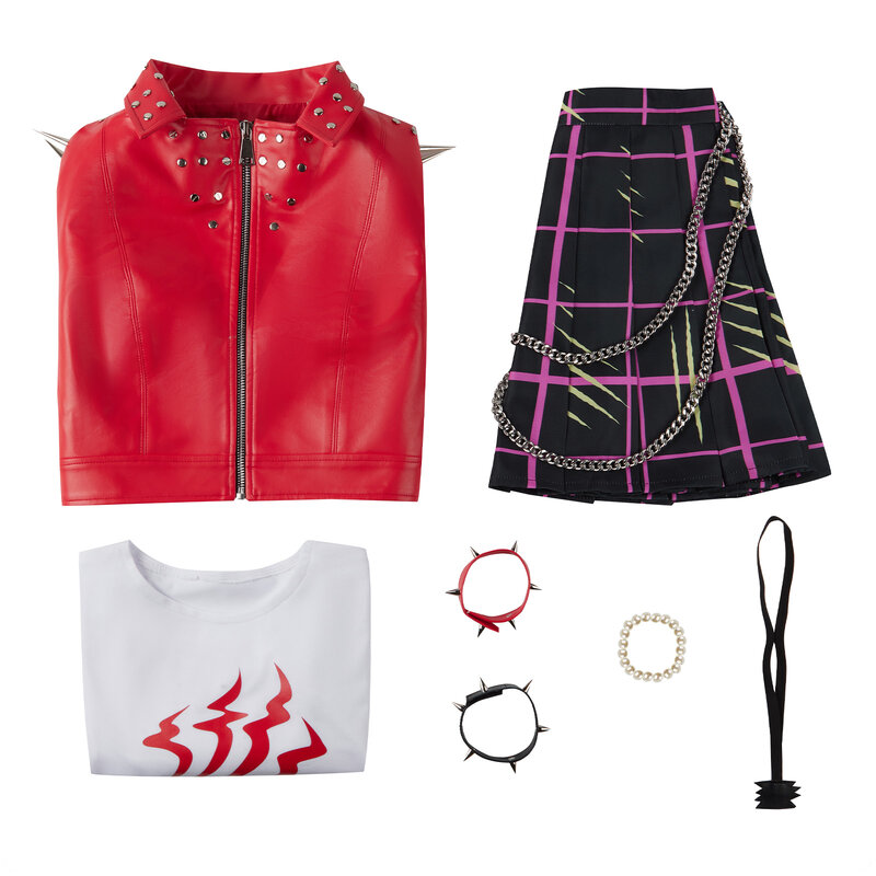 Disfraz de Anime Toralei a rayas para mujer, chaqueta de piel sintética roja, Falda plisada, collar de pulsera, traje de Carnaval de Halloween