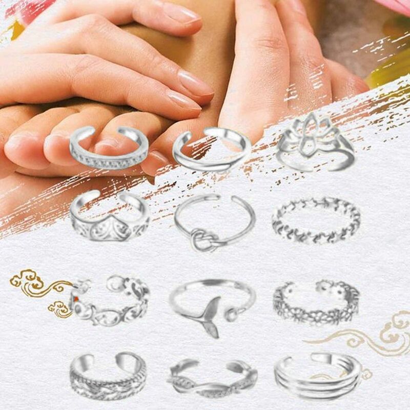 12pcs/set Decorative Korean Style Alloy Toe Ring Set Women Toe Ring Open Ring Beach Foot Accessories Foot Ring Fashion Jewelry