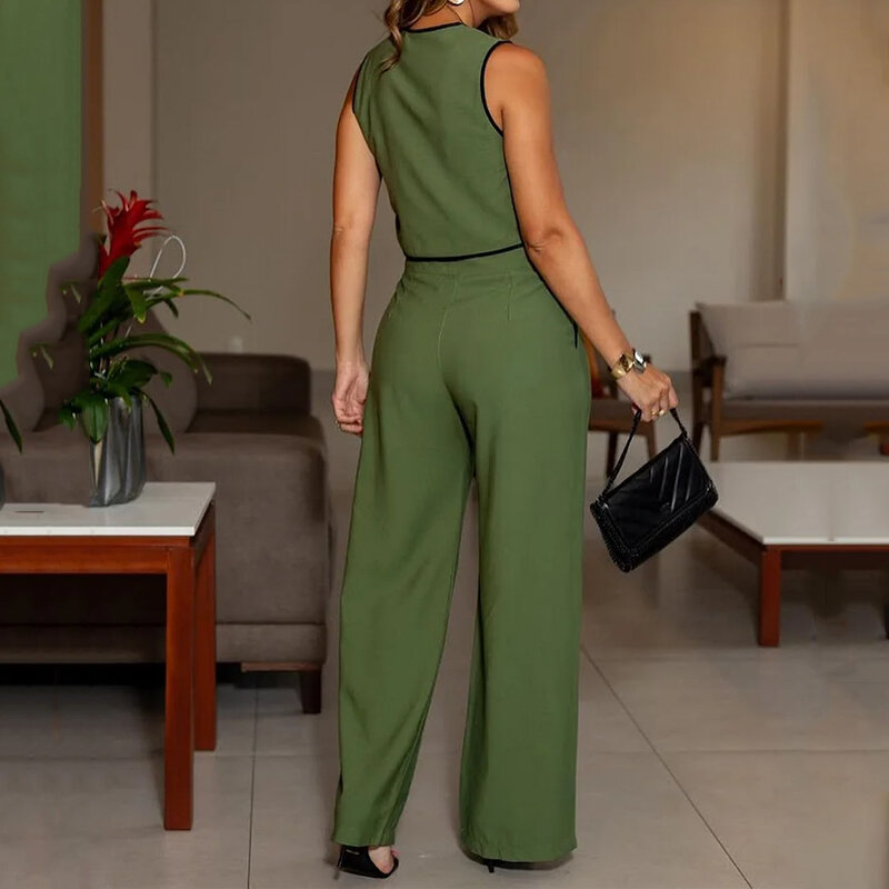Wefads-Conjunto de 2 piezas para mujer, Top sin mangas con cuello de pico y doble botón, pantalones de piernas anchas, ropa de calle