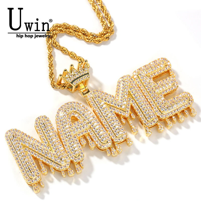 Uwin-Collar personalizado con letras de corona de goteo para mujer, colgante con nombre, Circonia cúbica, personalizable, joyería, regalos