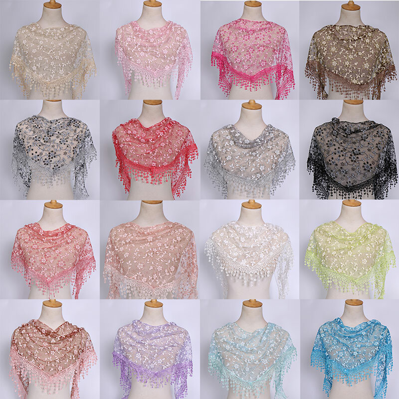 New Lace Embroidered Women Scarf Hollow Out Sheer Triangle Scarves Summer Sunscreen Turban Tassel Floral Shawl Casual Bandanas