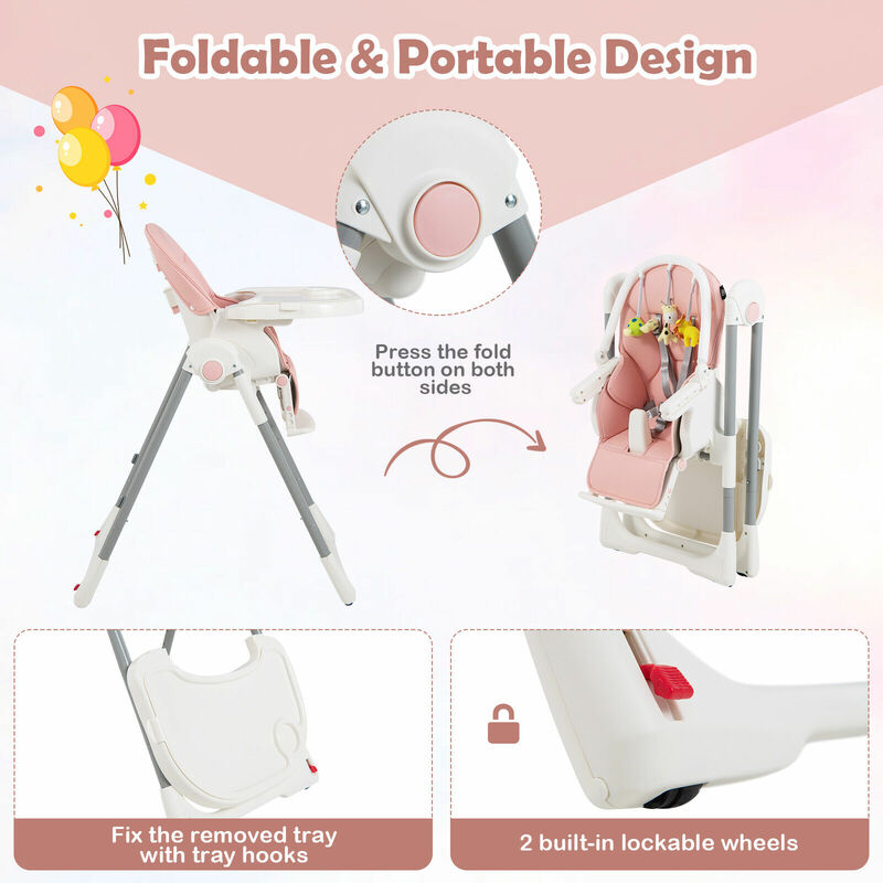 Babyjoy Foldable Baby High Chair w/ 7 Adjustable Heights & Free Toys Bar for Fun Pink