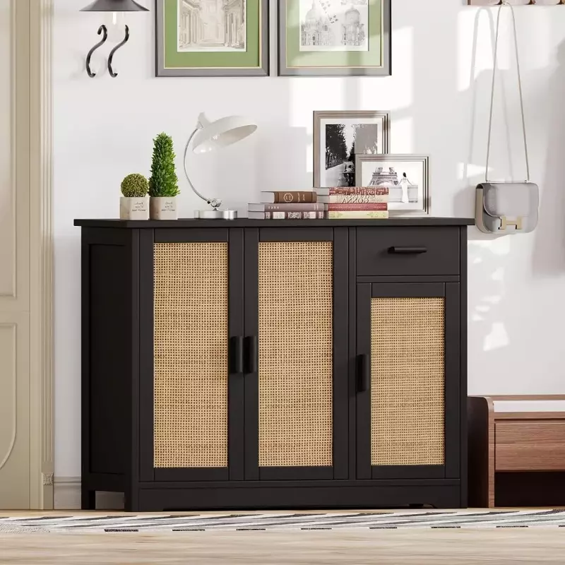 Accent Table for Living Room Sideboard Buffet Cabinet With Rattan Decorated Doors Coffee Bar Kitchen Storage Cabinet Furniture