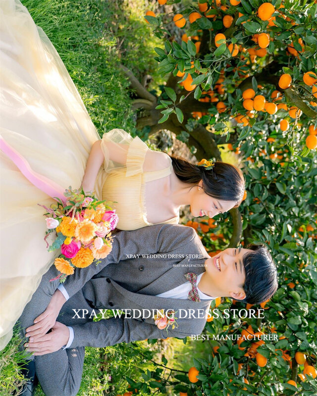 Xpay Vierkante Hals Een Lijn Lange Prom Jurken Korea Lady Korte Mouwen Prinses Avondjurken Bruid Fotoshoot Formele Feestjurk