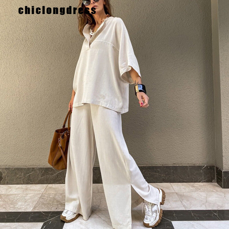 Summer FashionTwo Piece Set Women Casual Solid V Neck Shirt Wide Leg Pants Loose Two Piece Set Women