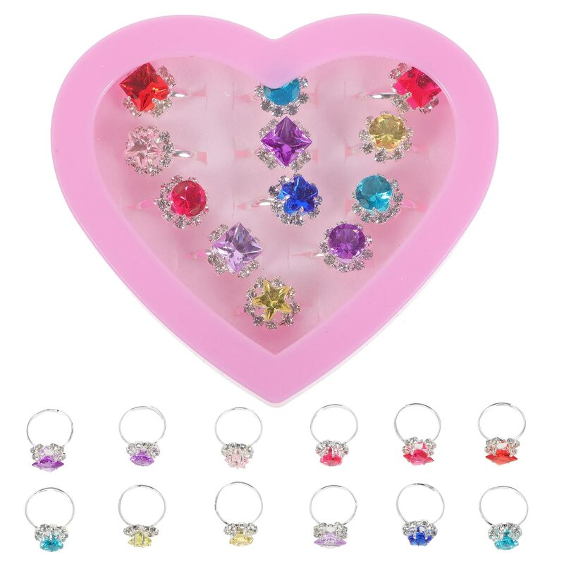 Juego de anillos de Diamante coloridos con caja en forma de corazón para niños y niñas, bonitos anillos de maternidad pequeños, regalo para niños, 12 piezas