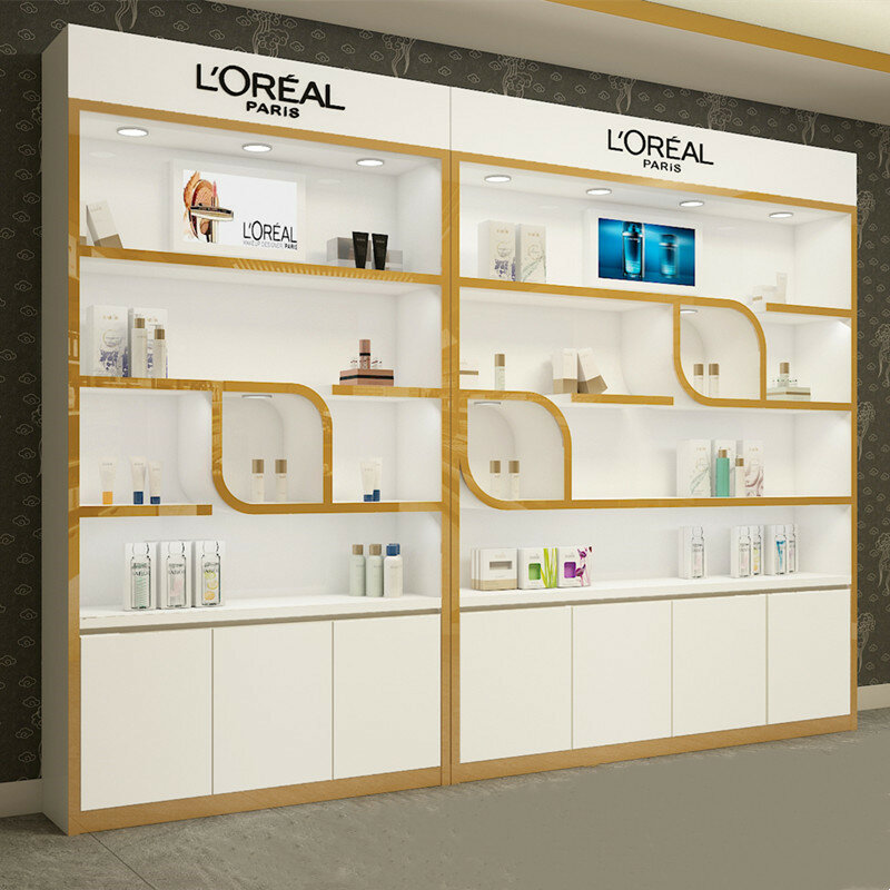 Racks de exibição personalizados para cosméticos, vitrine elegante de loja, maquiagem e beleza prateleira, Stand Showcase of Store