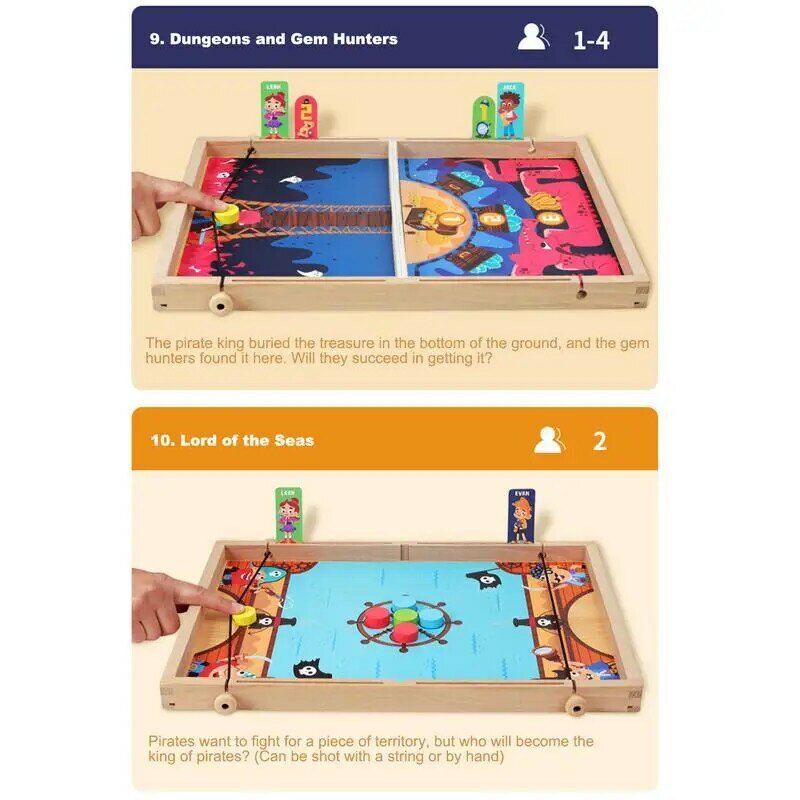 Jogo de Sling Puck rápido para crianças 10 em 1 Jogo de mesa de hóquei de madeira durável 2 cordas de lançamento Cartão de 15 pontos