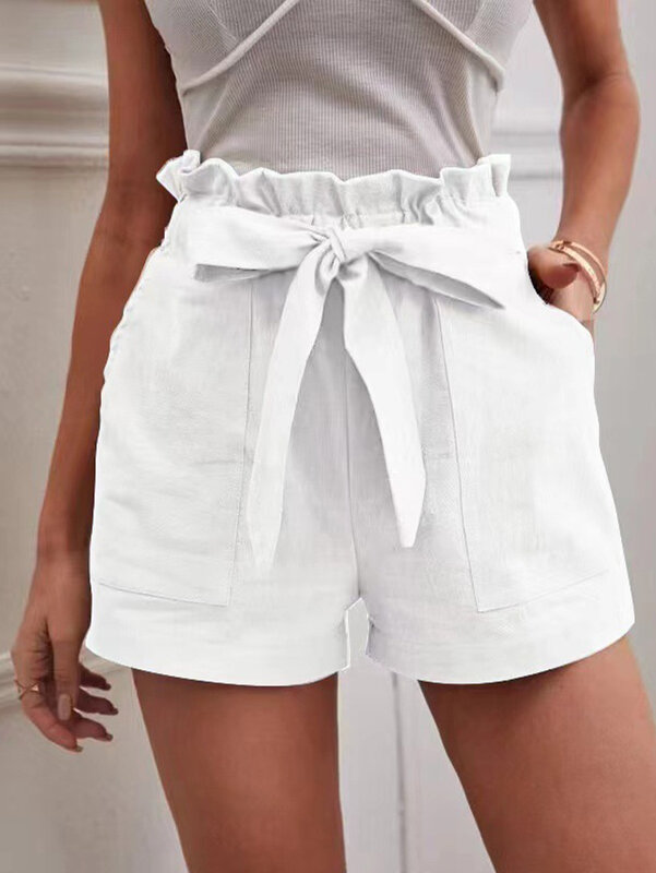 กางเกงขาสั้นสีขาวมีกระเป๋าของผู้หญิงกางเกงลำลองขาสั้นแบบมีเชือกรูดกางเกงใส่ได้ทุกวันสำหรับฤดูร้อน