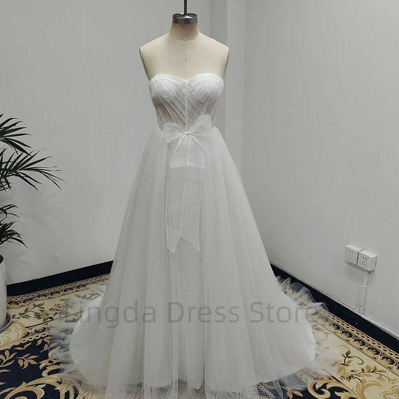 Simple A-line backless mesh bow and bubble sleeve detachable bride custom wedding dress women's backless vest De Novia