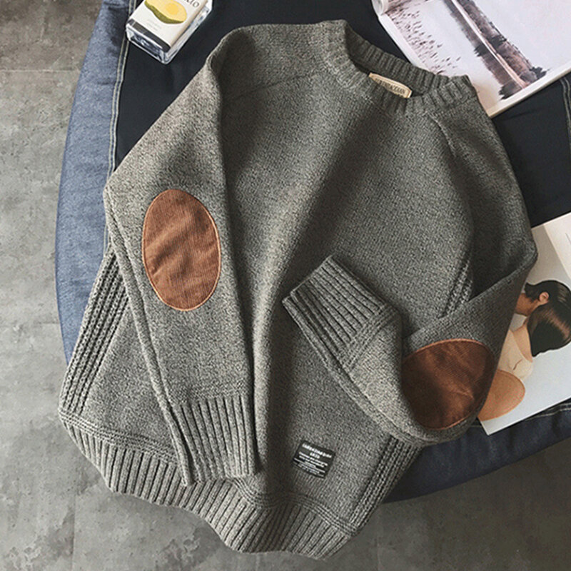 Suéter de malha extragrande com patch para homens, streetwear Harajuku, pulôveres grossos com gola O, pulôveres de lã causal, moda, novo