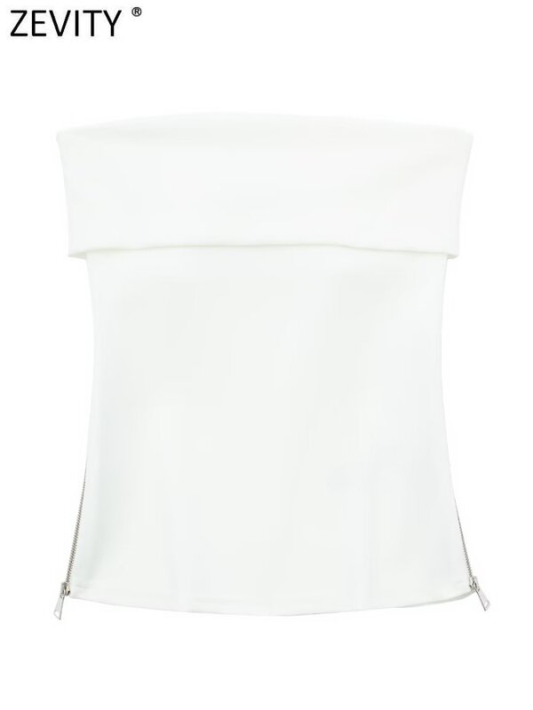 Zevity-Blusa feminina sem alças de blusa de ombro, camisas femininas, tops sensuais, monocromáticos, decoração com zíper, slim, chique, LS3385, 2023