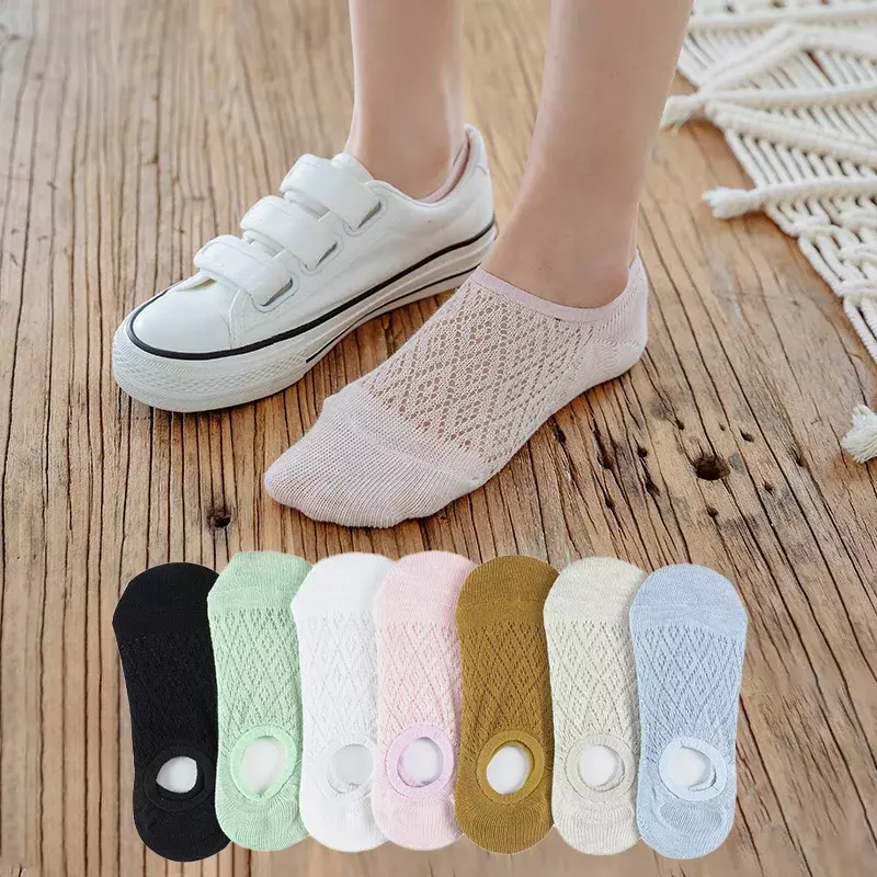 Meias invisíveis antiderrapantes de silicone para mulheres, meias de malha de cor sólida, meias de algodão feminino, 5 pares por conjunto