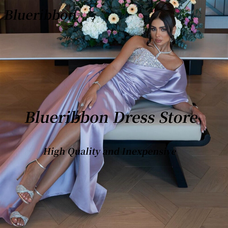 Blueribbon Vestidos De Ocasião formalny bez ramiączek cekiny duża kokarda suknie balowe długie marszczone brzegi suknia wieczorowa z rozcięciem