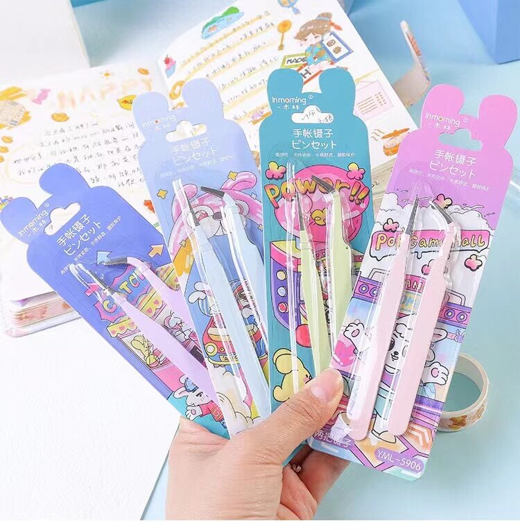 2pcs/set Macaron Tweezers Stainless steel DIY Sticker Practical Portable Diary straight elbow tool suit School Stationery