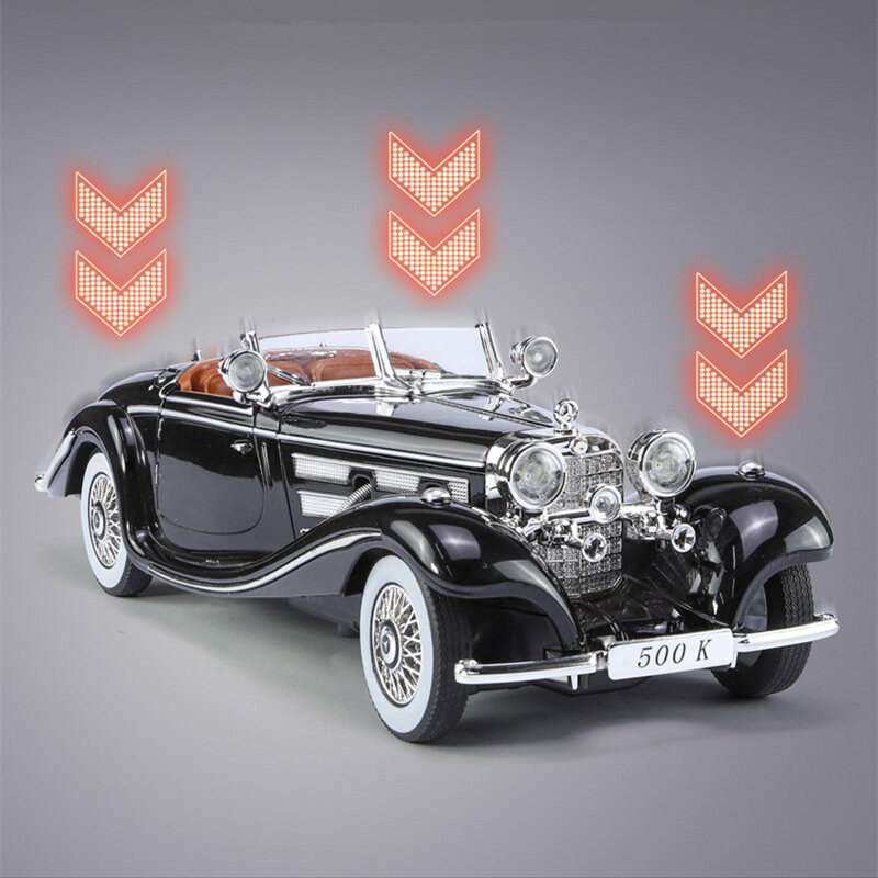 1:24 1936 benz 500K aluminiowy Model samochodu odlewany Metal klasyczna symulacja modelu samochodu samochodu kolekcja dźwięk i światło dla dzieci zabawka na prezent