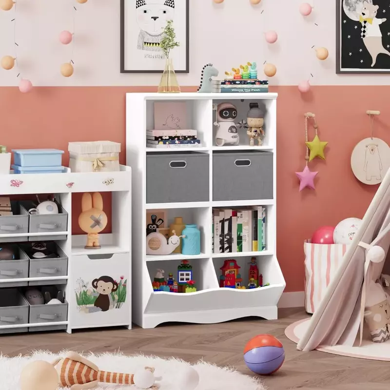 Коробка для хранения игрушек, детская книжная полка с 2 коробками и кабинками, для мальчиков и девочек, детская комната, игровая комната, белая